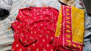 Red mix yellow colour kurta with dupata