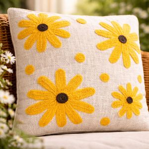 Embroidered Yellow Flower Cushion Cover- Set of 2