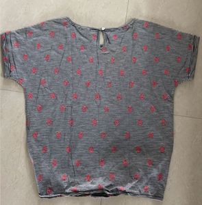 Striped Tie-Front Top with Pink Embroidery