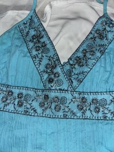 Blue Halter Neck Embroidery Top