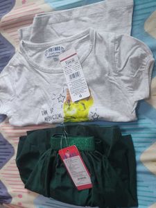 Cute Cat Print T-shirt and Green Skirt Set