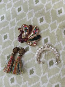 Peacock Brooch, Tassel Earrings & Hair Pin Set