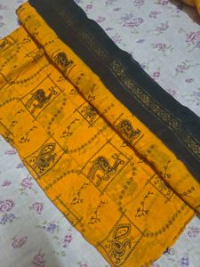 Mustard Yellow &amp; Black Printed Saree with Elegant