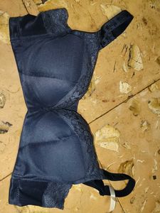 Elegant Navy Blue Lace Trim Padded Bra