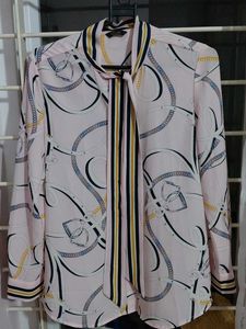 Pink Chain Print Blouse with Tie Neck