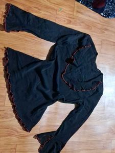 Black Long Sleeve Top with Ruffle Trim