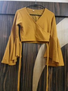 Women's Mustard Yellow Bell Sleeve Wrap Top