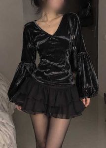 Velvet Wrap Top with Puff Sleeves