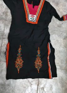 Elegant Black Kurta with Red &amp; Yellow Embroidery
