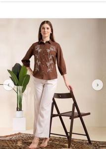 Brown Floral Embroidered Button-Up Shirt