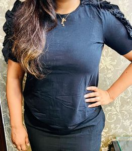 Zara Stylish Black Top with Ruffled Sleeves