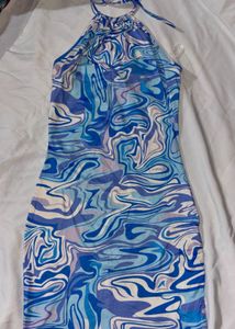 SHEIN Blue Swirl Print Halter Neck Dress