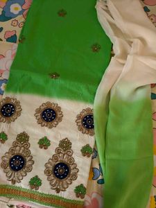 Green &amp; White Embroidered Kurta Set dress material