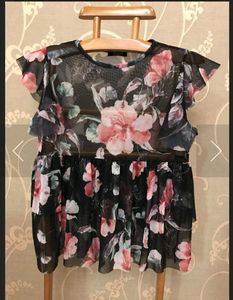 Sheer Floral Print Ruffle Sleeve Top