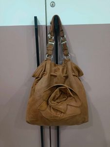 Brown Suede Hobo Bag with Flower Detail