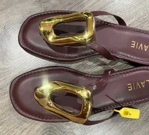 Stylish Burgundy Flat Sandals with Gold Buckle