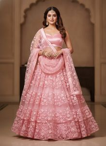 baby Pink Floral Net butter fly fabric lahanga sui