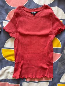 Red Ribbed Lettuce Hem Top