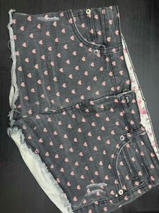 Cute Heart Print Denim Shorts
