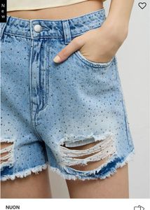 Ripped Denim Shorts with Rhinestones