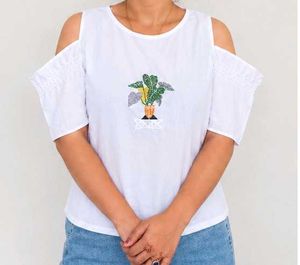 White Cold Shoulder Top with Plant Embroidery