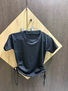 Black Ribbed Ruched Top