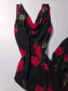 Eva Blue Y2K Beaded Black Rose Print Dress