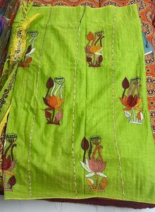 Vibrant Lemon Green Kantha Stitch Saree