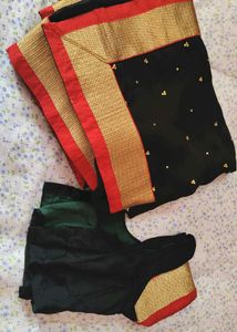 Elegant Black Saree with Gold &amp; Red Border