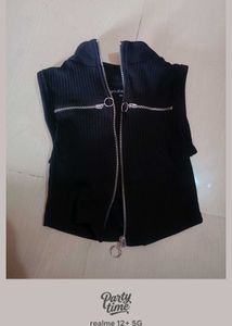 Black Ribbed Zipper Vest Top