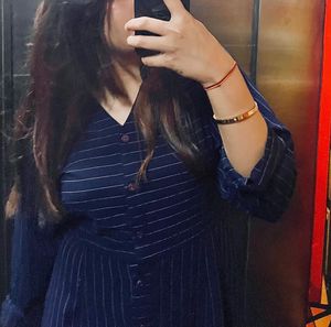 Navy Striped Button-Up Midi Dress