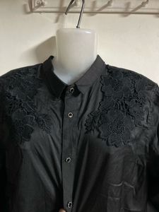 Elegant Black Lace Trimmed Button-Up Shirt