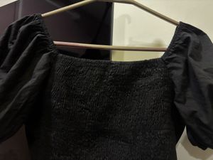 Black Puff Sleeve Crop Top with Rhinestones