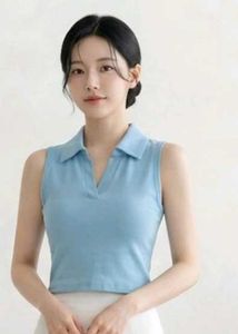 Sleeveless Ice Blue Collared Crop Top