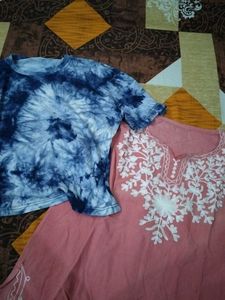 Embroidered Peach Kurti with Tie-Dye Top