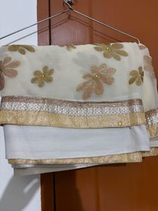 Elegant Ivory Gold Floral Organza Saree