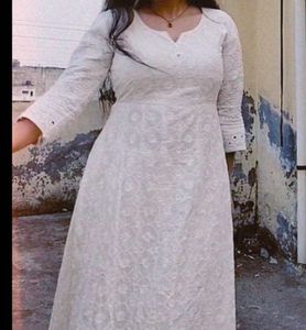 white chickankari anarkali