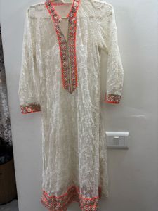 Elegant White Lace Kurta with Orange Embroidery