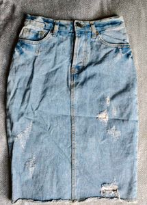 I. Light Wash Distressed Denim Midi Skirt
