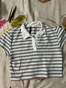 Gray and White Striped Polo Crop Top