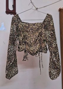 Y2K Leopard Print Long Sleeve Ruched Top