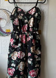 Black floral A-line Dress with Pockets