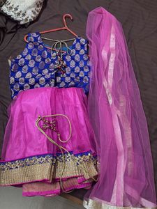 Royal Blue Brocade Blouse &amp; Pink Lehenga set