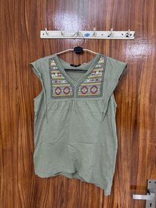 Green Embroidered V-Neck Top