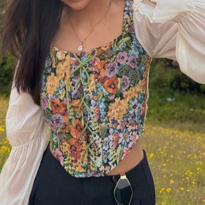 Floral Lace-up Corset Style Puff Full Sleeve Top