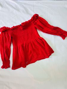 Red Off-Shoulder eyelet Peplum Top