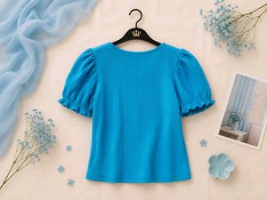 Blue Puff Sleeve Ribbed Top