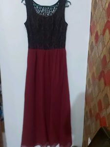 Maroon Coloured Maxi Dress With Black Lace Work