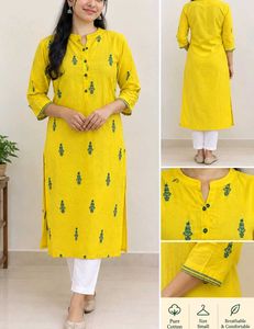 Yellow pure Cotton embroideed Kurta