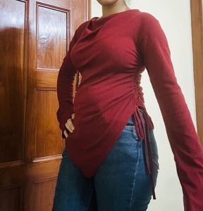 Maroon Ribbed Ruched Long Sleeve Top